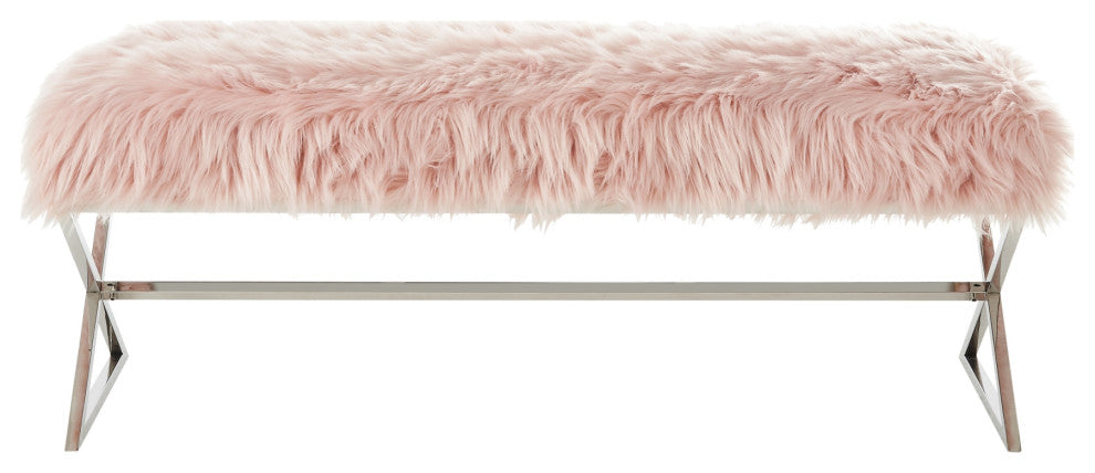 Oria Faux Fur X-Leg Base Bench, Rose and Chrome