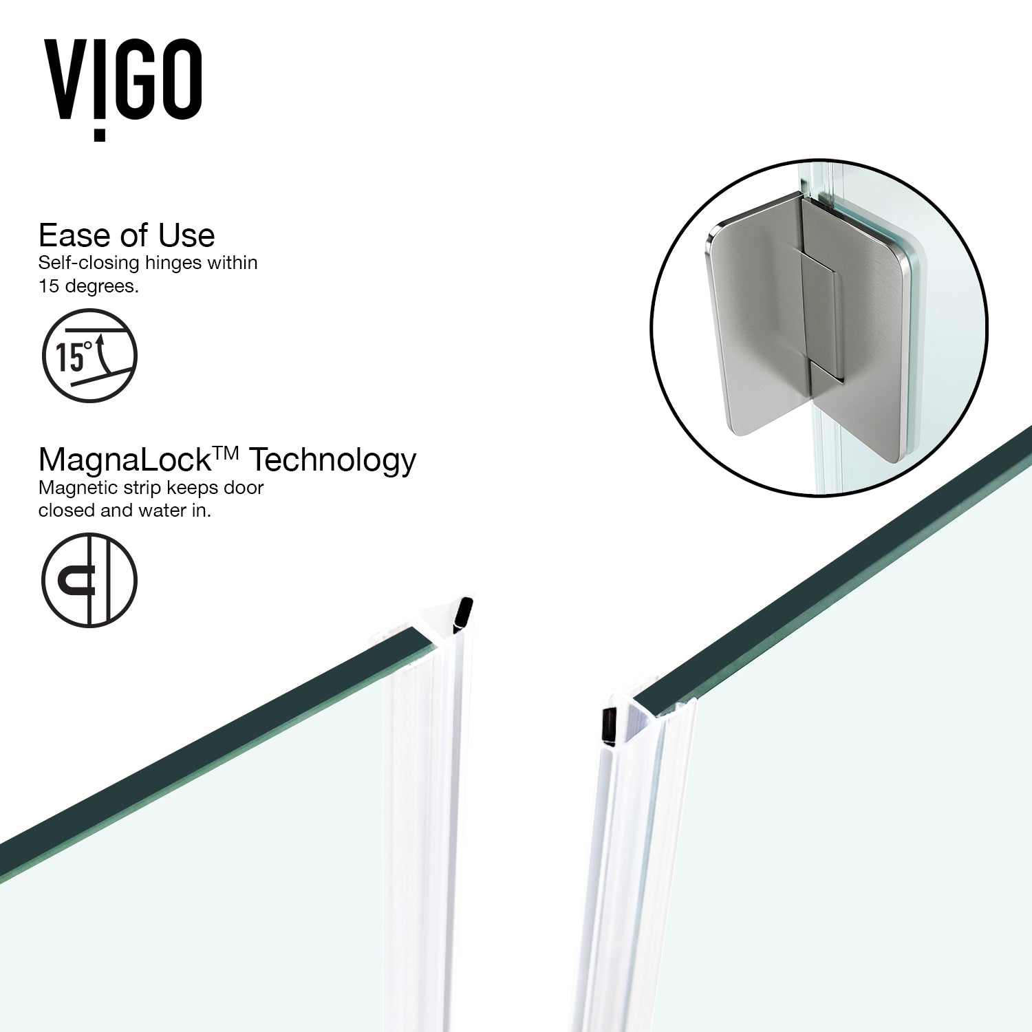 VIGO Pacifica 48"D x 36"W x 79"H Frameless Hinged Shower Enclosure, Brushed Nickel, Right Base