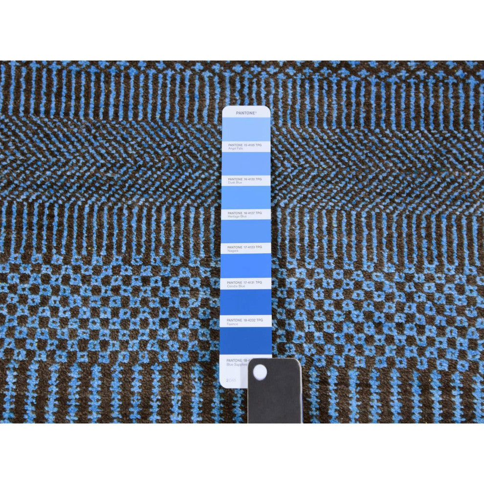Ruddy Blue Hand Knotted Grass Design Dyed Wool and Silk Runner Rug, 2'7"x9'6"