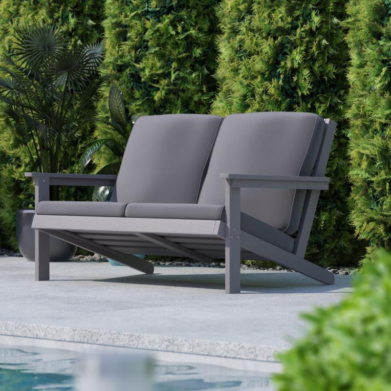 Charlestown All-Weather Poly Resin Wood Adirondack Loveseat with Cushions, Gray
