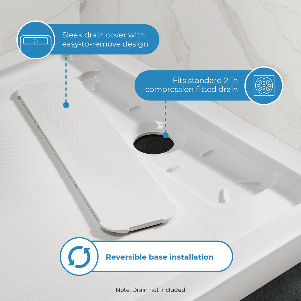 Ove Decors Erika Shower Base Rectangle, White, 54"x36", Side Drain