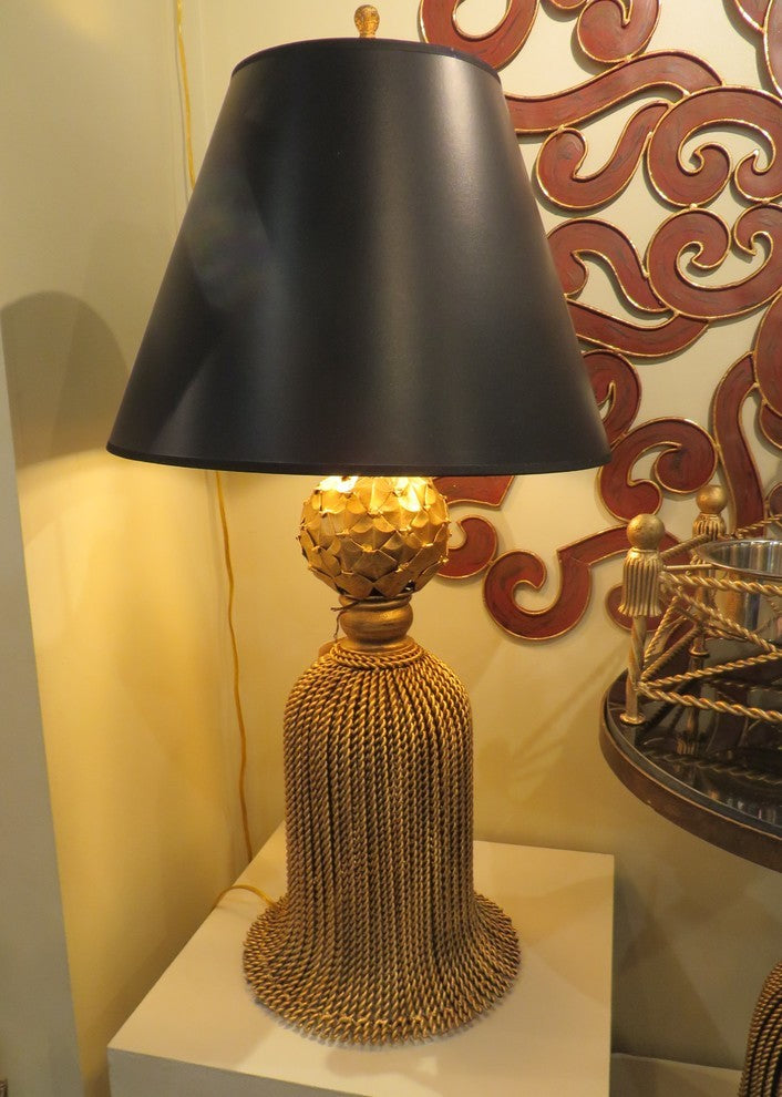 36" Gold Iron Tassel Table Lamp, Cottage Contemporary Romantic Ornate Black