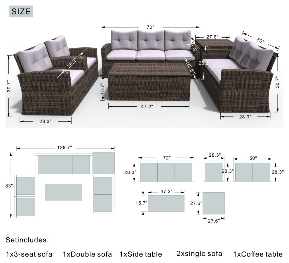 Patio 6-Piece Wicker Sofa Conversation Set With Cushions, Brown