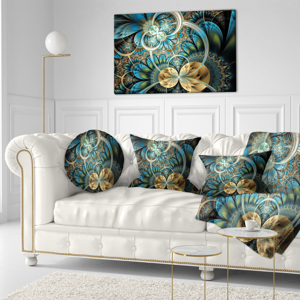 Symmetrical Blue Gold Fractal Flower Abstract Throw Pillow, 12"x20"