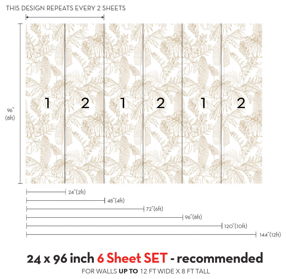 Hand Drawn Jungle Leaves Vinyl Peel and Stick Mural, Gold, 24"x96", 6 Pack