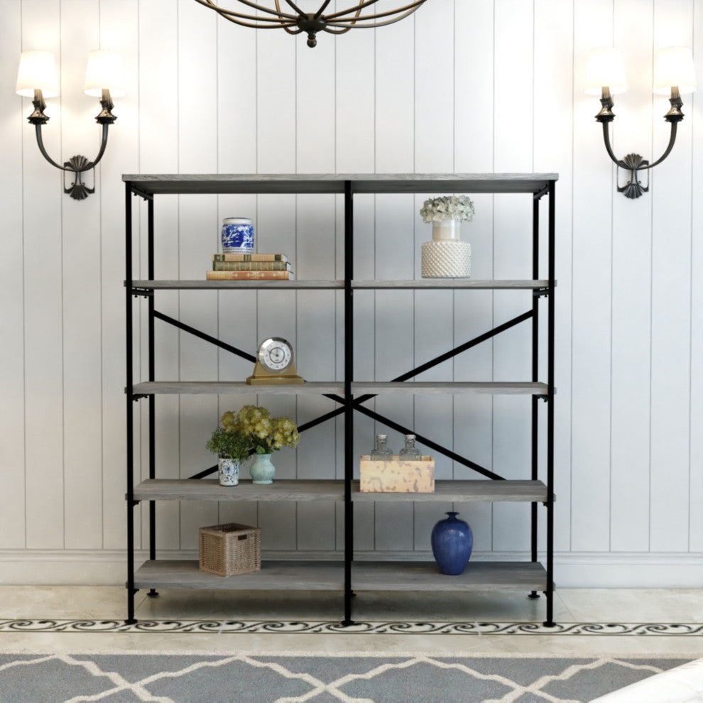 63" Industrial 4 Tier Bookshelf Particleboard Metal Frame, Gray, Black
