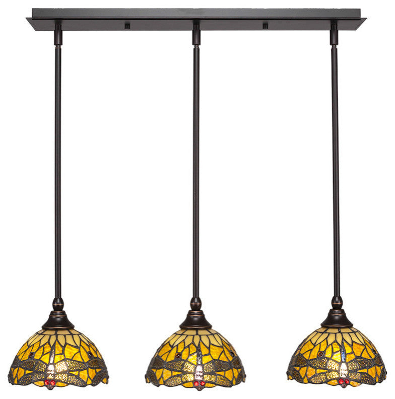 3-Light Mini Pendant, Dark Granite, 7" Amber Dragonfly Art Glass