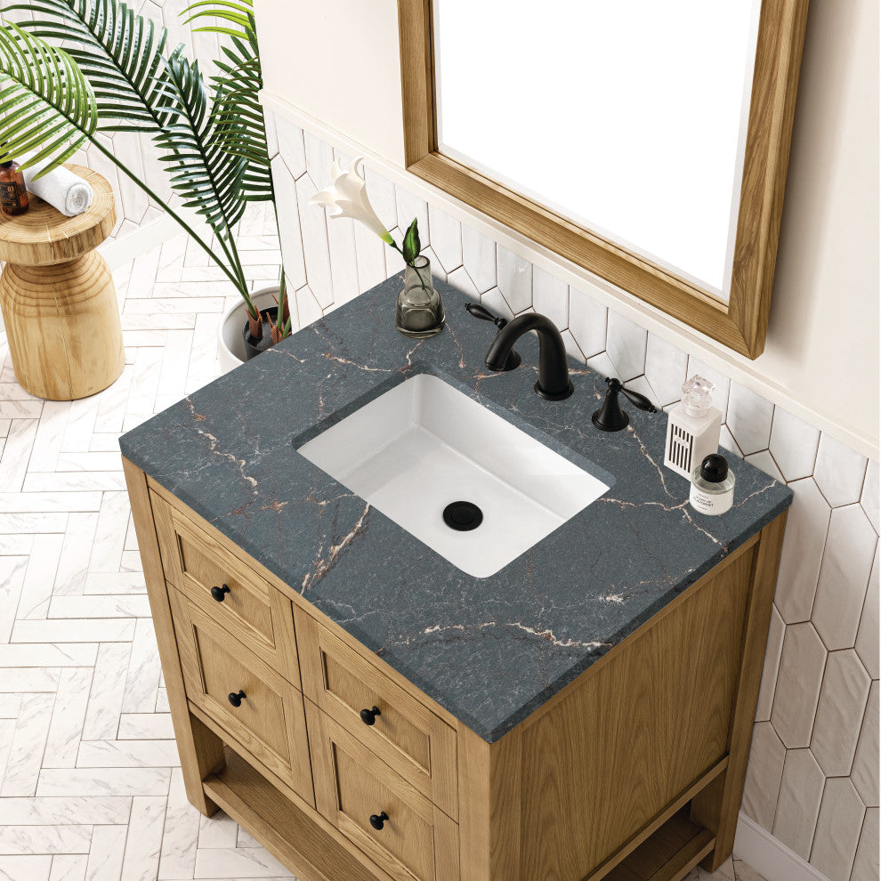 James Martin Breckenridge Bath Vanity, Light Natural Oak, 30", Parisien Bleu, Three-Hole
