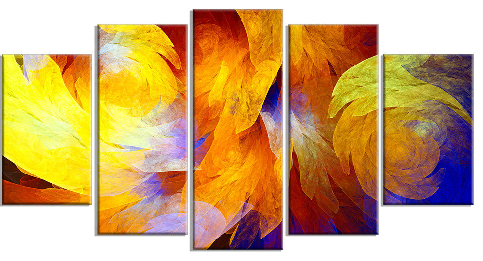 Yellow Fractal Abstract Pattern, Contemporary Art on Canvas, 60"x32", 5 Panels