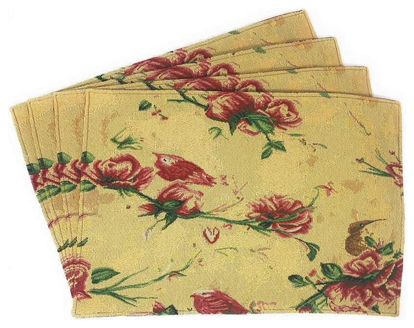 Seasonal Floral Woven Fabric Tapestry Kitchen Table Mats Cloth Placemats, Yellow Floral