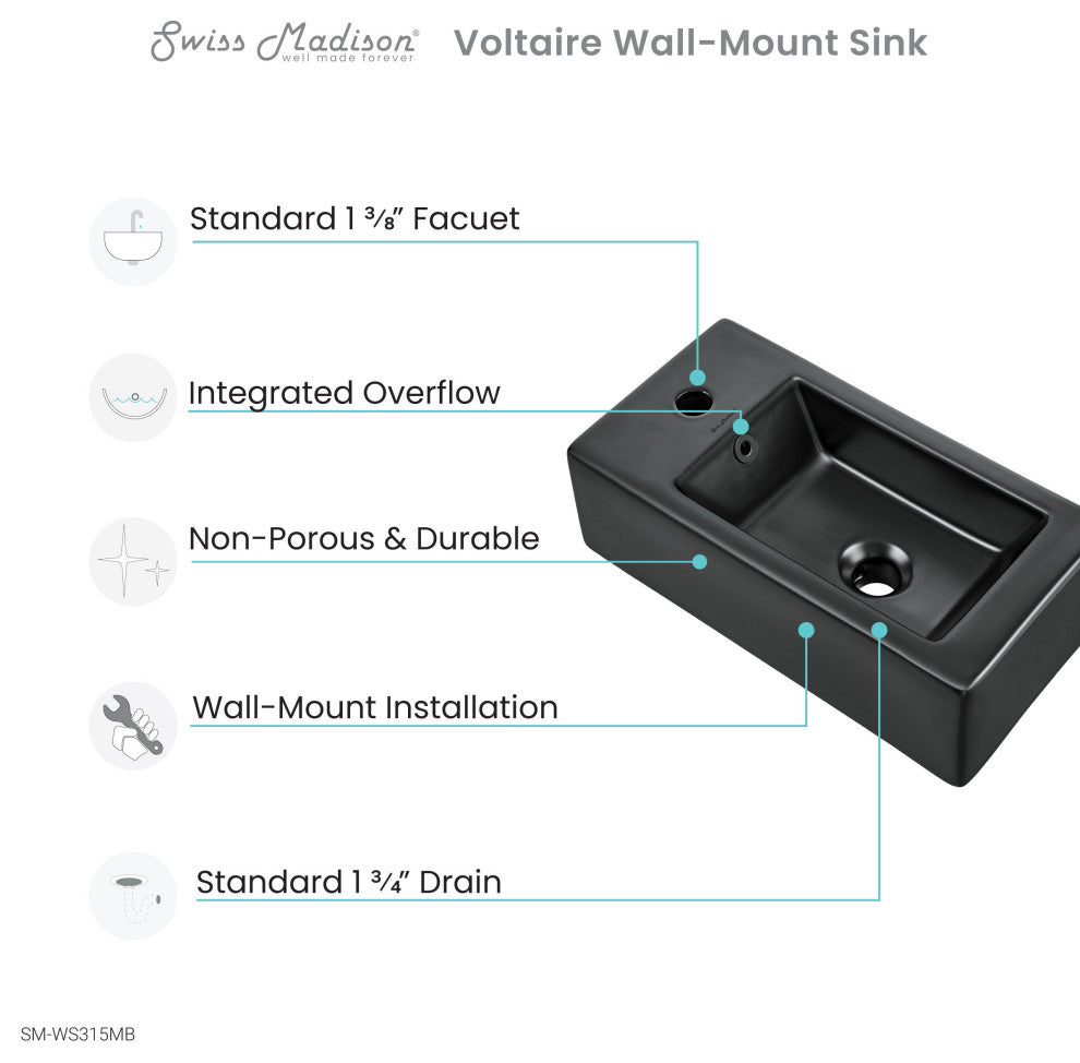 Voltaire 19.5"x10" Ceramic Wall Hung Sink With Faucet Mount, Left Side Matte Bla
