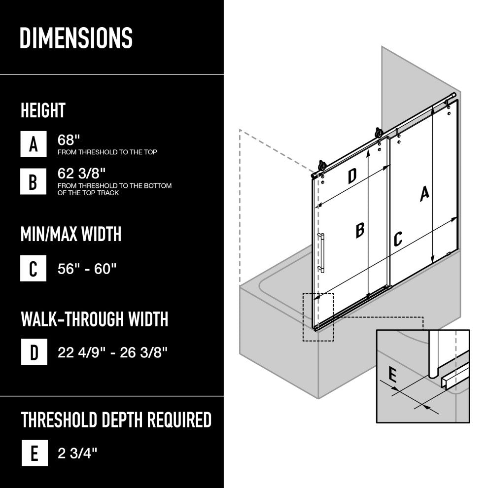 VIGO Hamilton Frameless Sliding, Matte Brushed Gold, Tub Door, 56" to 60" W X 68" H, Clear Glass