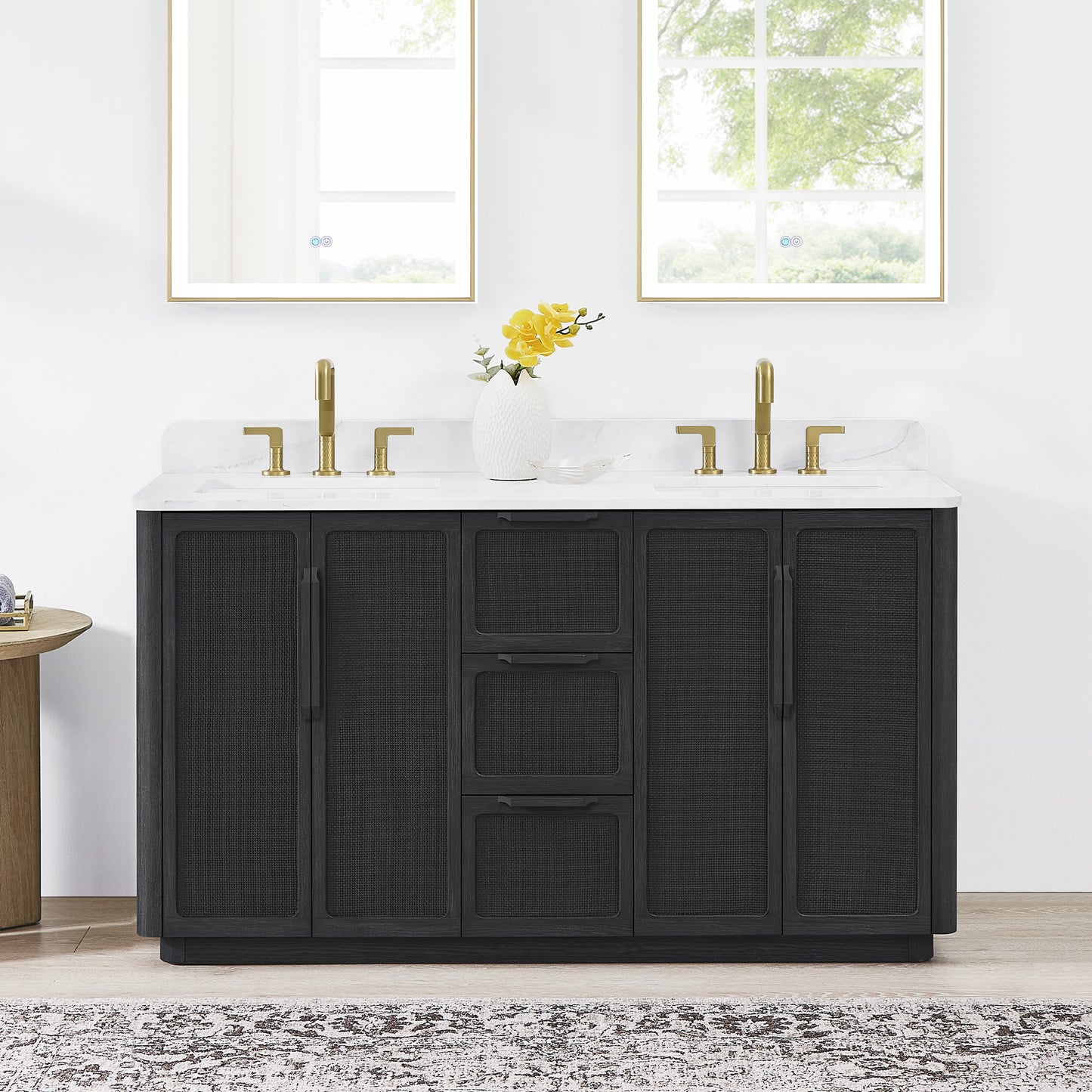 Busan Bath Vanity, Quartz Top No Mirror, Oak Classic Black, 60", Double Vanity