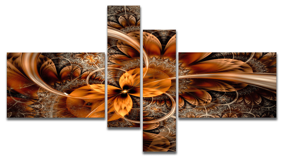 Dark Orange Fractal Flower, Abstract Canvas Art Print, 60"x32", 4 panels