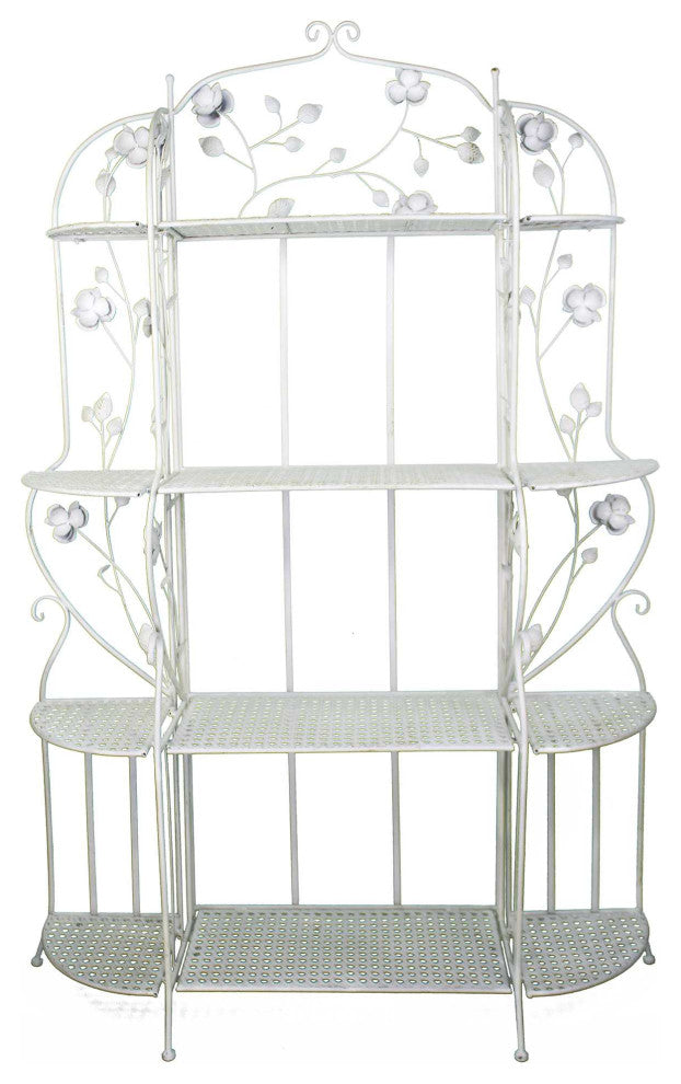 HomeRoots Antiqued White Floral 4 Shelf Bakers Rack