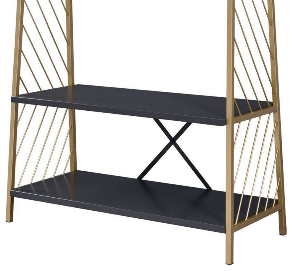Benzara BM250293 Hall Tree With 2 Shelves andxBar Panels, Gold and Black