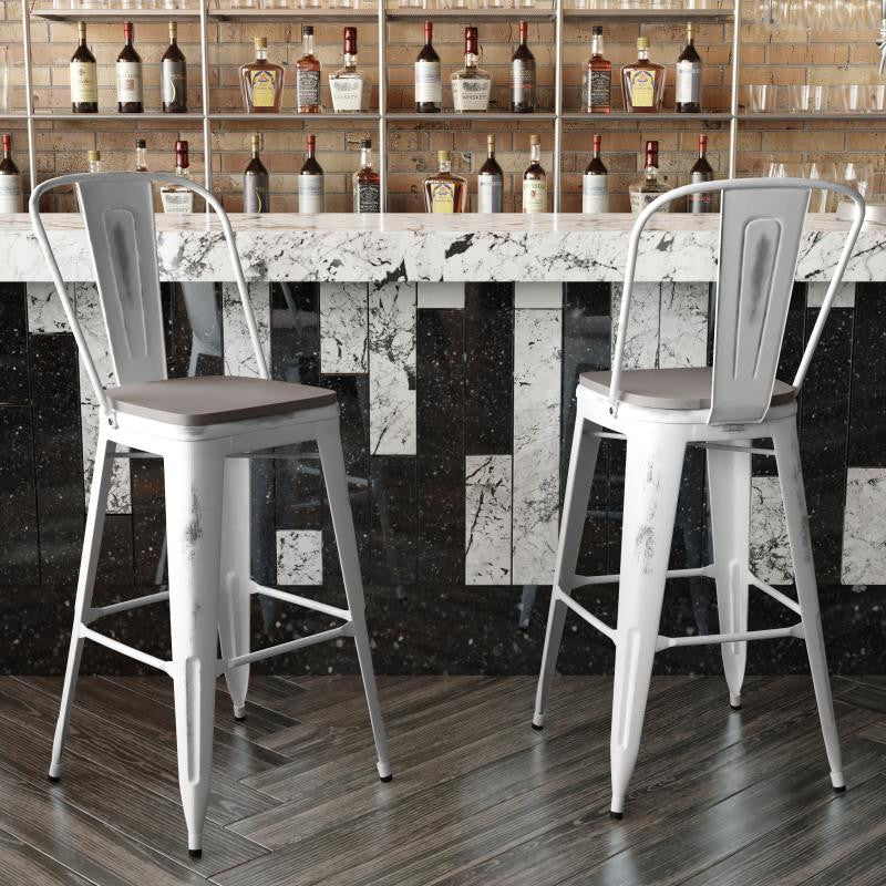 Carly Commercial Grade 30" High Metal Indoor-Outdoor Bar Stool, White/Gray