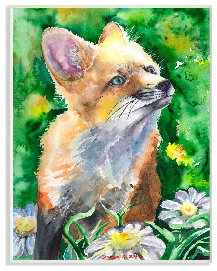 Cute Fo"x Animal Orange Green Watercolor Painting, 12"x18"