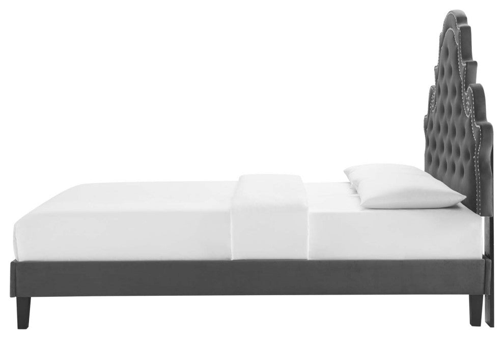 Tufted Platform Bed Frame, Queen Size, Velvet, Gray, Modern Contemporary