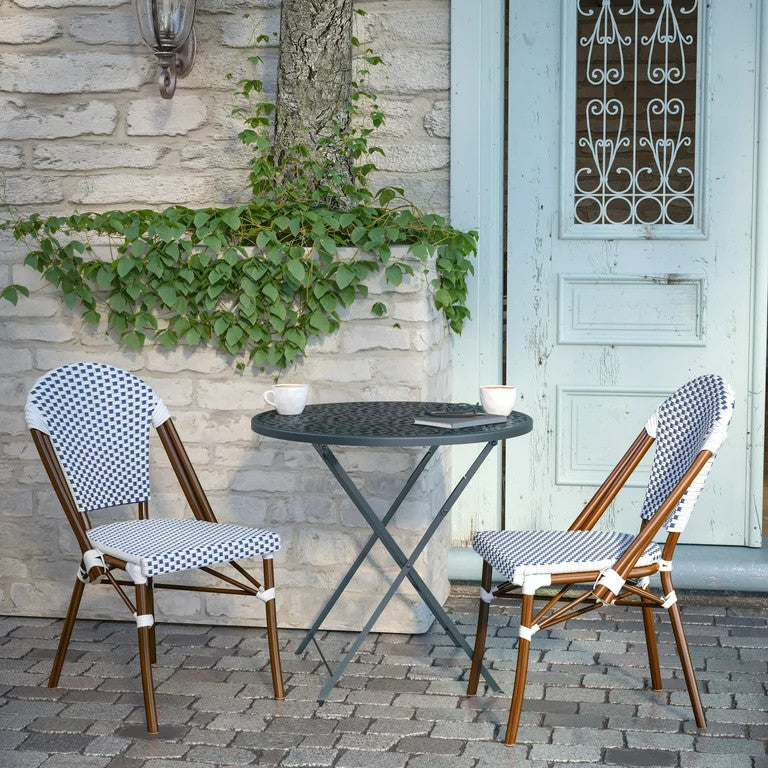 Set of 2 Indoor Outdoor Dining Chair, Woven Rattan Seat & Back, White & Navy