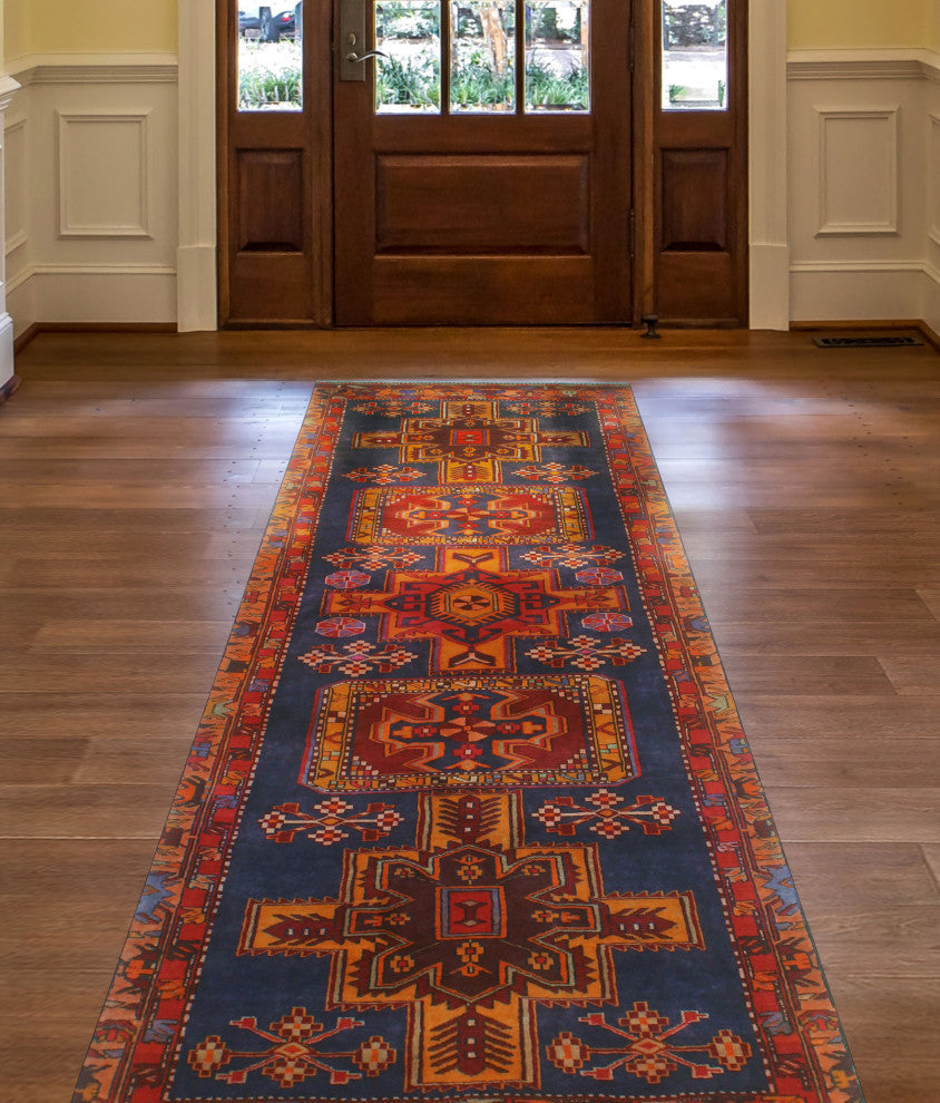 Fine Vintage Distressed Gertrude Navy/Red Runner, 3'5x10'0