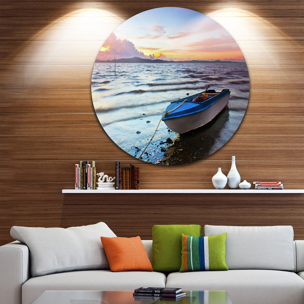 Boat At The Sunset, Landscape Photo Disc Metal Artwork, 23"