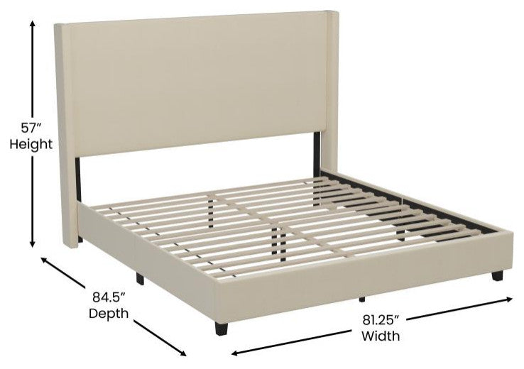 Quinn Upholstered Platform Bed with Channel Stitched Wingback Headboard, Beige, King