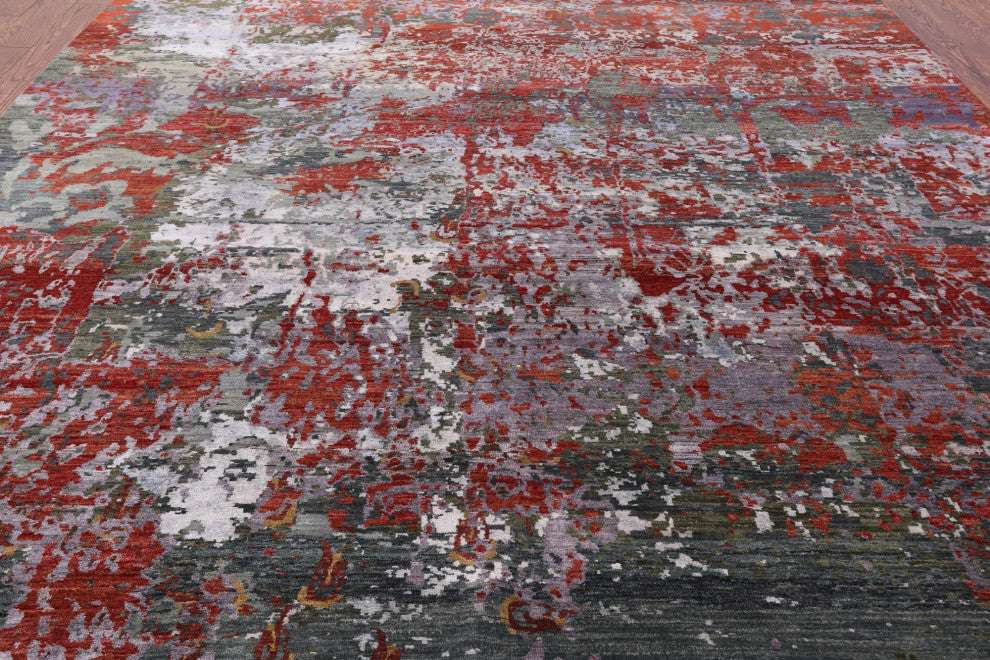 9' 0" X 11' 11"Abstract Wool and Silk Contemporary Hand Knotted Rug Q6331