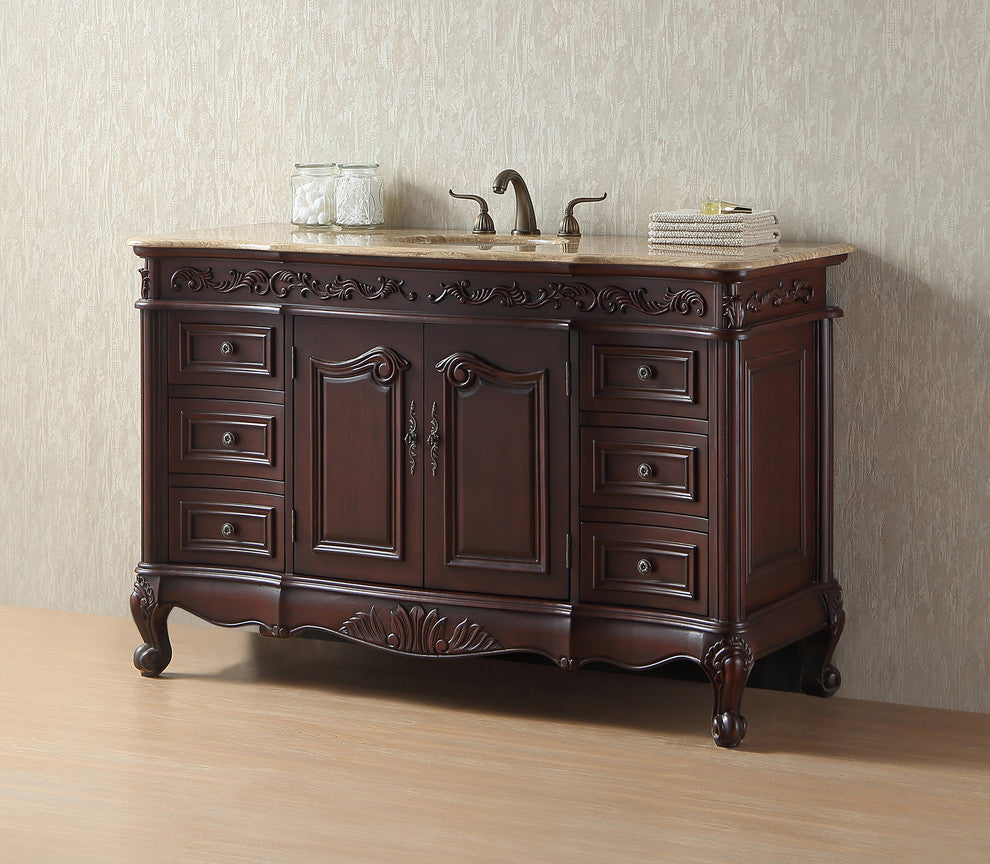 56" Princeton Single Sink Bathroom Vanity, Travertine Marble Top