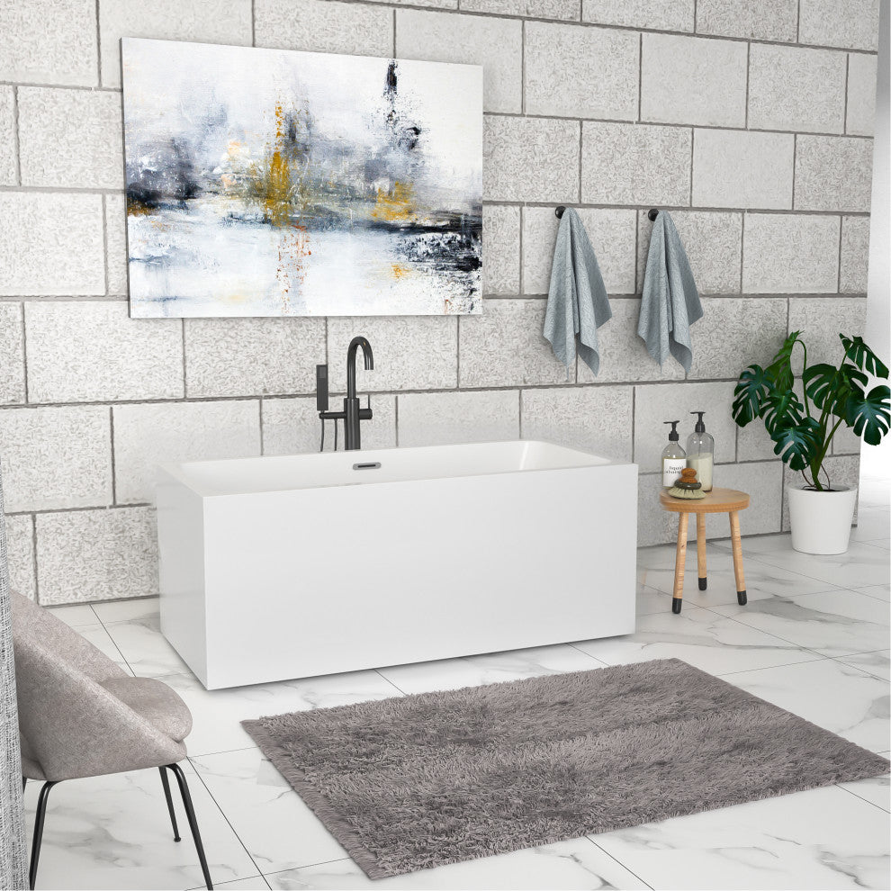 59 in. Acrylic Rectangular Flatbottom Freestanding Soaking Bathtub in White