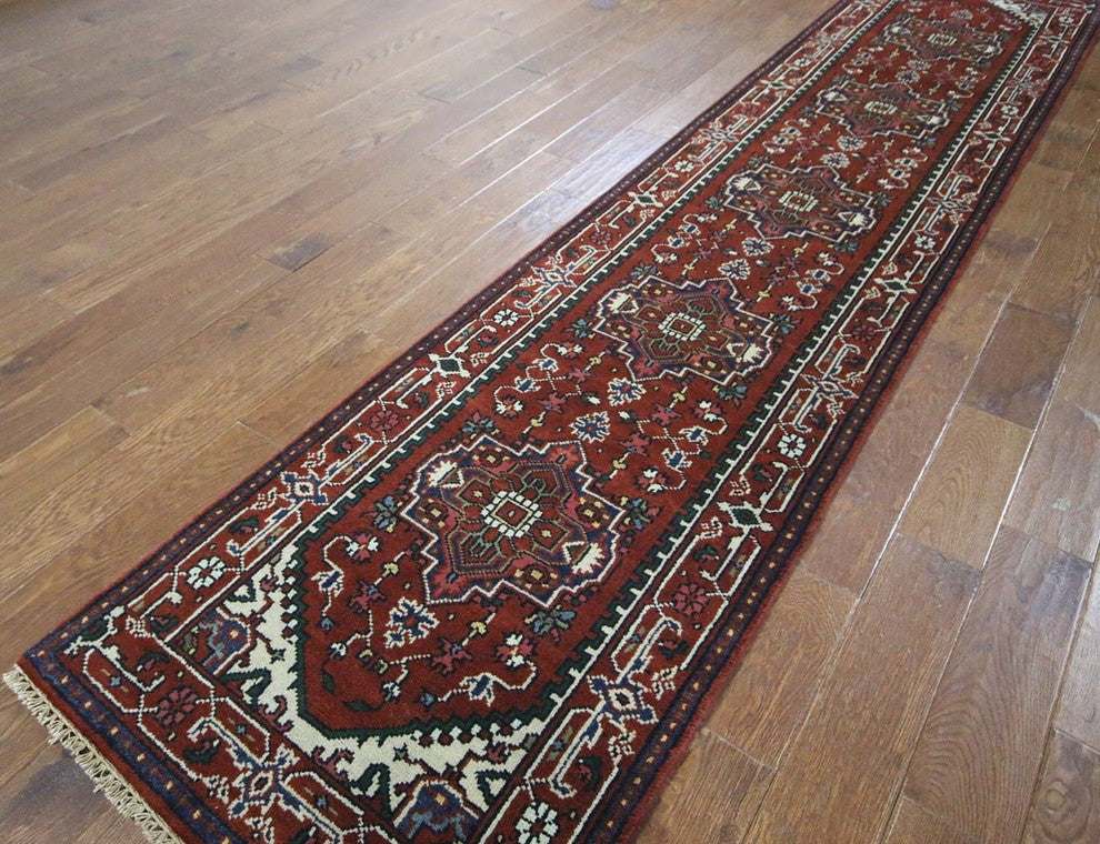 Hand-Knotted Red Heriz Serapi Floral Oriental Wool Rug, 3'x12'