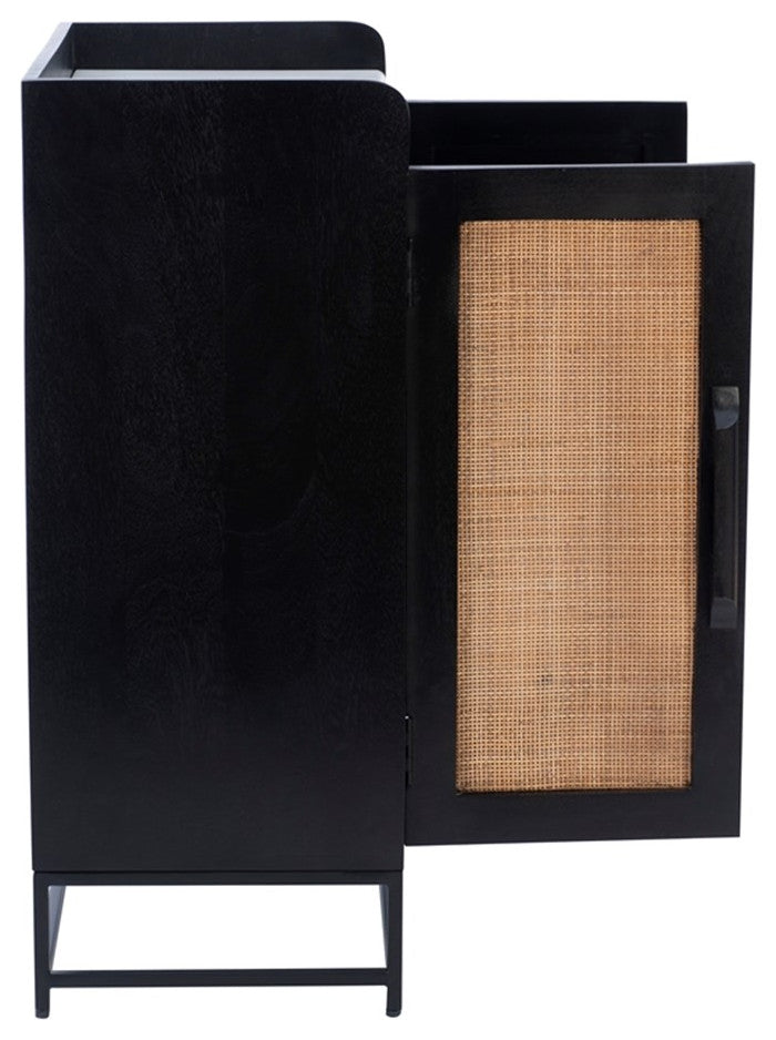 Linon Josie Bar Cabinet White Marble Top Cane Panel Doors in Black Wood
