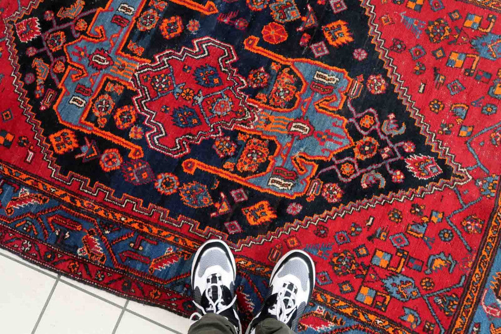 Handmade Vintage Persian Hamadan Rug 4.3'x6.4', 133cmx196cm 1950s