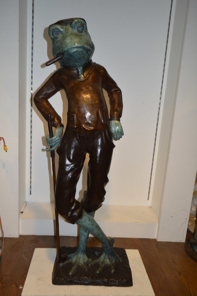 Frog With Cigar Plays Golf Bronze Statue -  Size: 24"L x 15"W x 64"H.