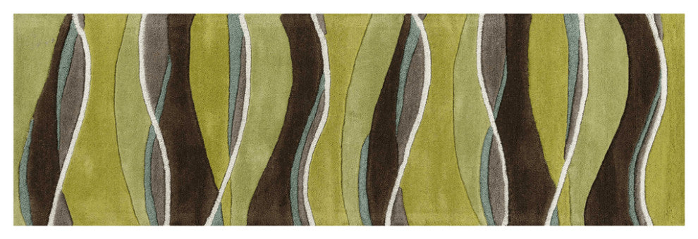 8' Lime Mocha Hand Tufted Abstract Waves Indoor Runner Rug