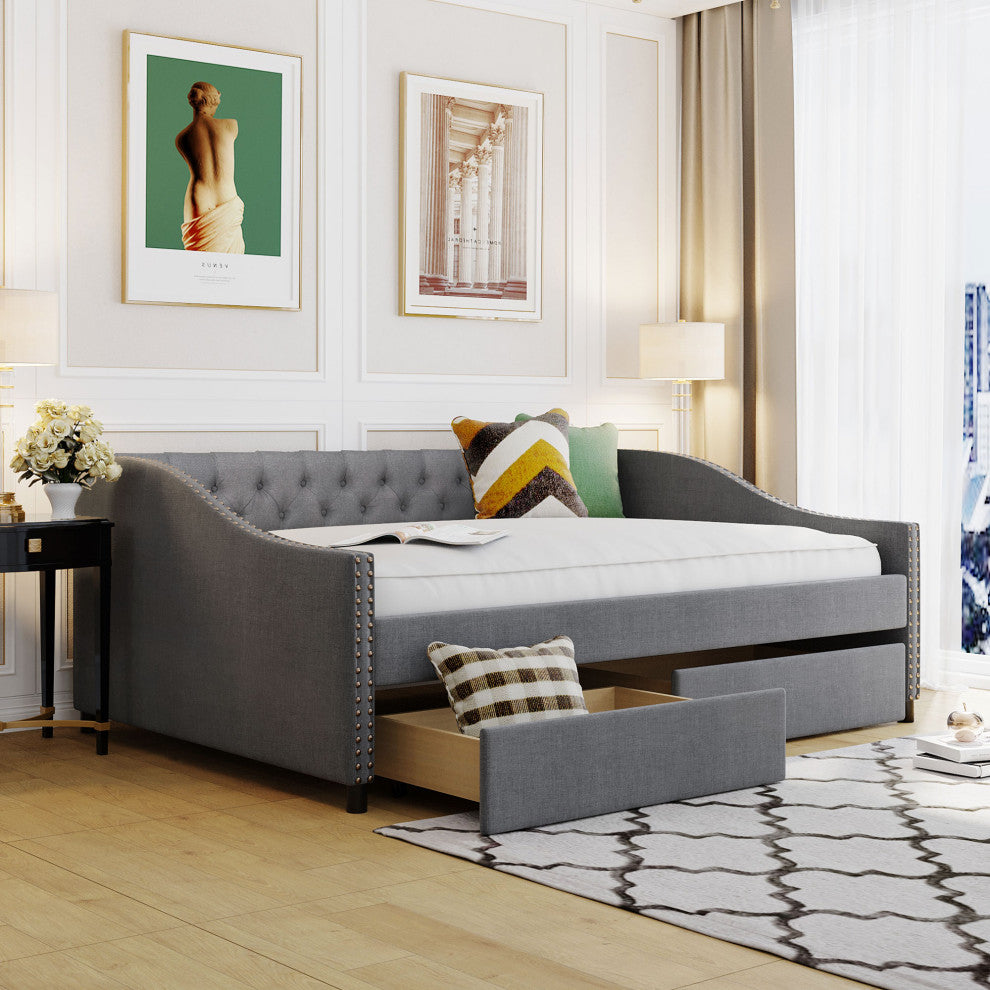 Gewnee Upholstered Full Size Daybeds with Two Drawers,Gray