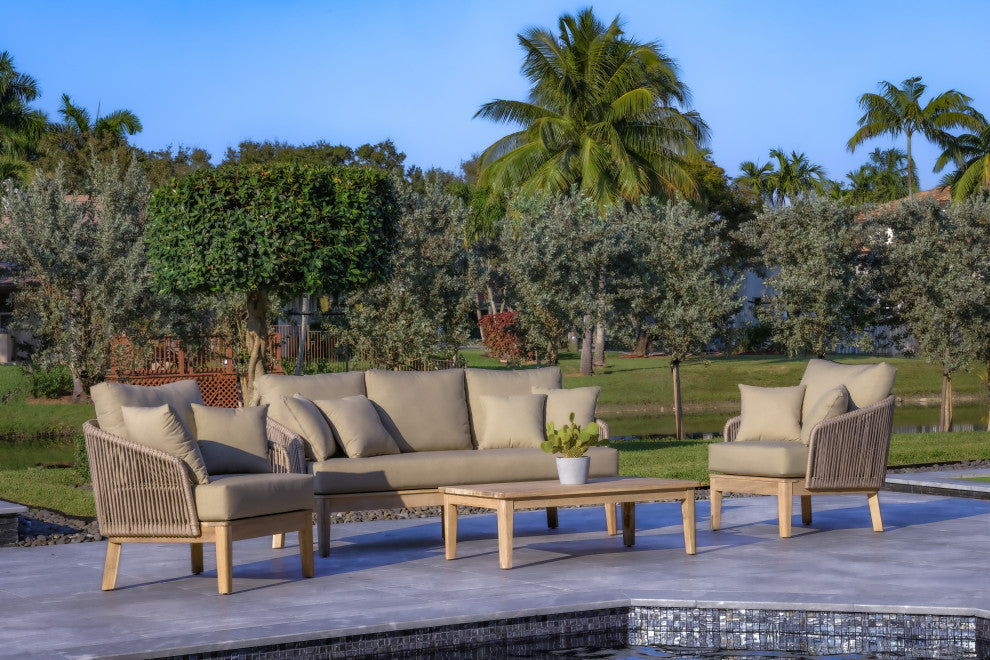 Eve 4-Piece Patio and Backyard Wood, Aluminum and Rope Conversation Set, Gray