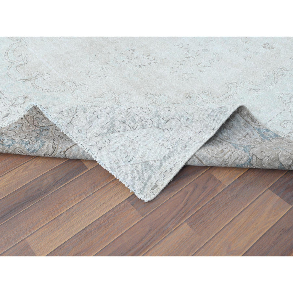 Cropped Thin, Hand Knotted, Ivory, Vintage Persian Kerman, Wool Rug 8'8" x 12'0"
