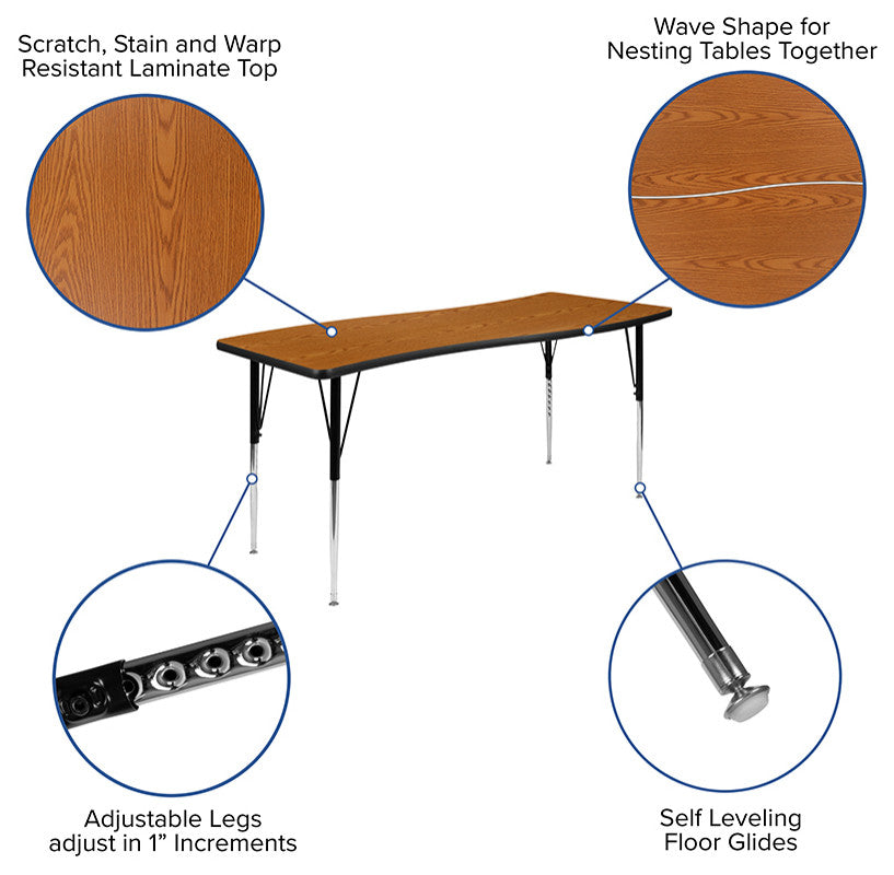 26"W x 60"L Rectangular Activity Table - Standard Height Adjustable Legs, Oak