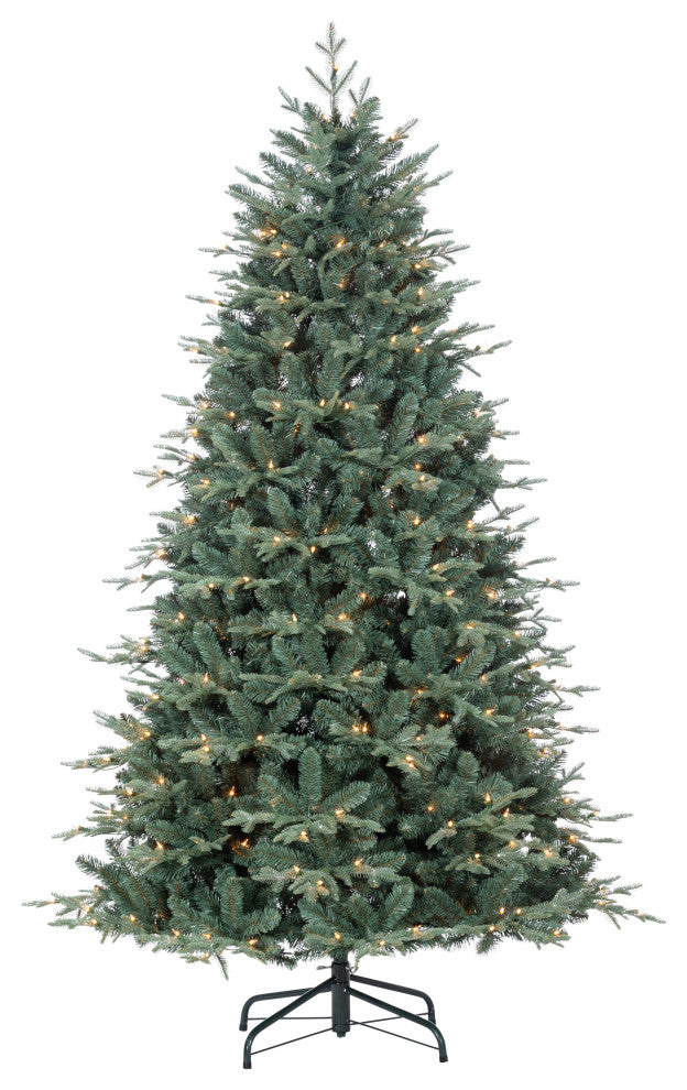 7.5' Natural Cut Blue Spruce With 2931 tips and 500 Warm White LED lights