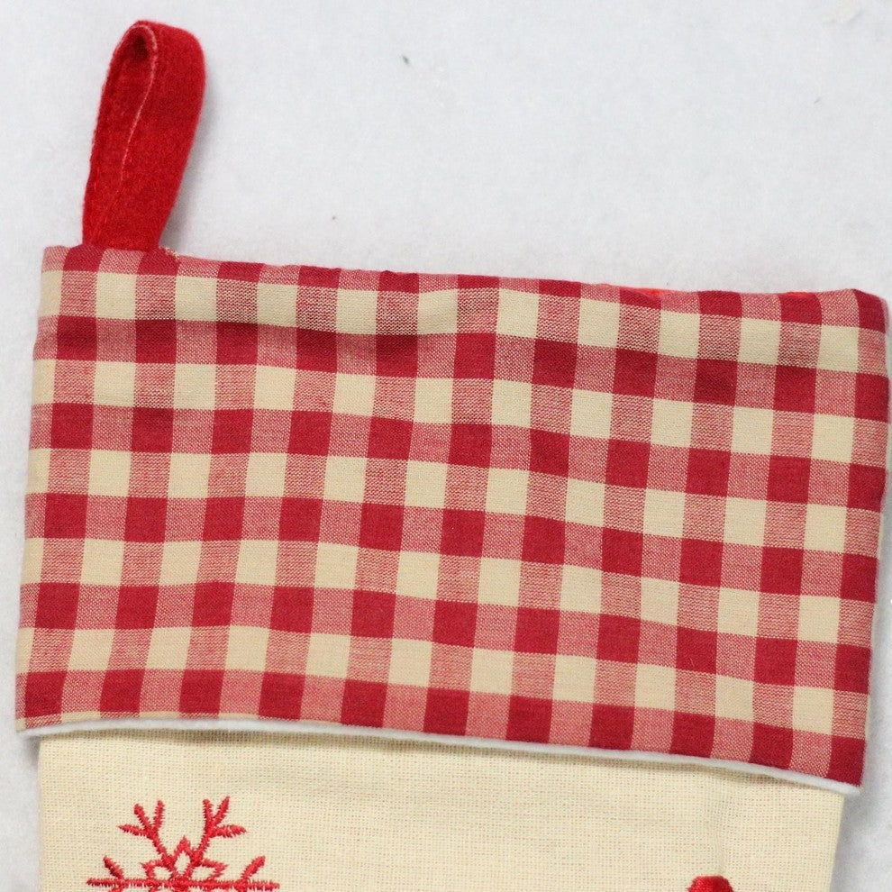 19" Burlap Embroidered Santa Claus Christmas Stocking With Red Gingham Cuff