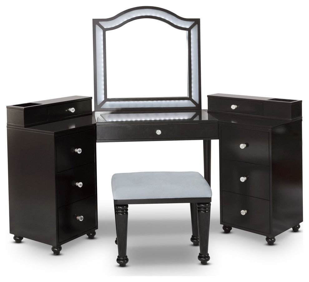 Transitional Vanity Set, Unique Mirrored Design With Camelback Mirror, Gray