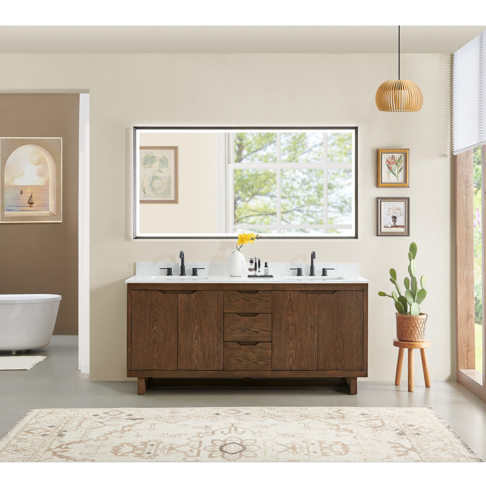 Mowry Bathroom Vanity, Brown Brushed Oak, 72", With Mirror