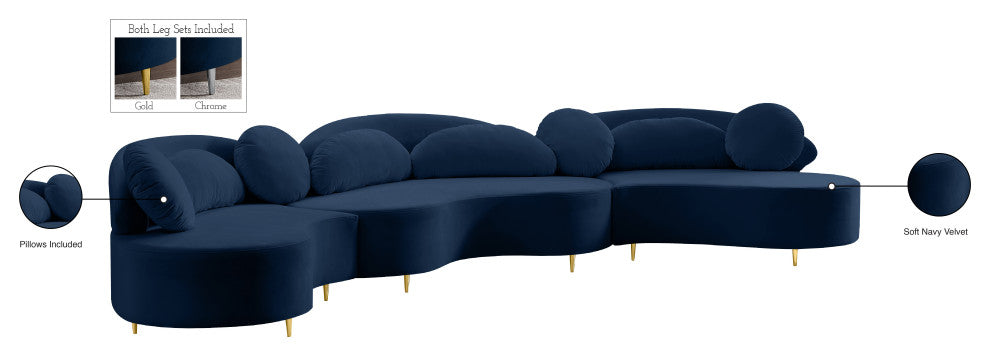 Vivacious Velvet Upholstered 3-Piece Sectional, Navy