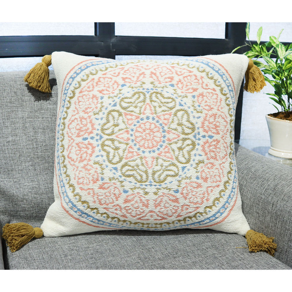 Peach & Blue Machine Woven with Tassels Engels Throw Pillow, 20" x 20"