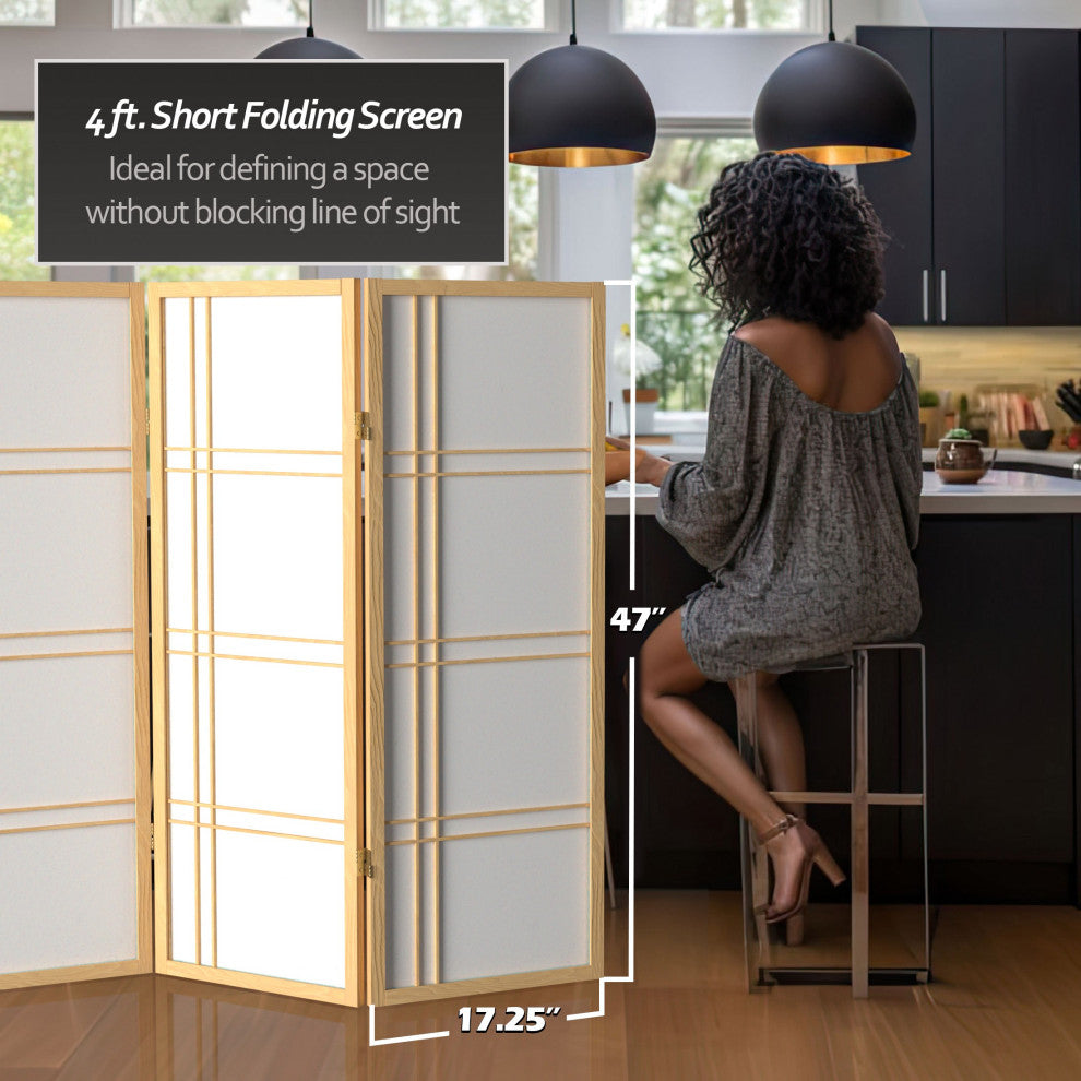 4' Tall Double Cross Shoji Screen, Natural, 4 Panels