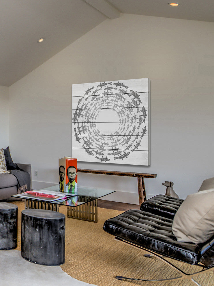 "Fish Circle" Painting Print on White Wood, 40"x40"