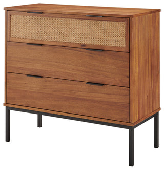 Tropical Dresser, 3 Spacious Drawers, 1 with Cane Webbing Front, Warm Walnut