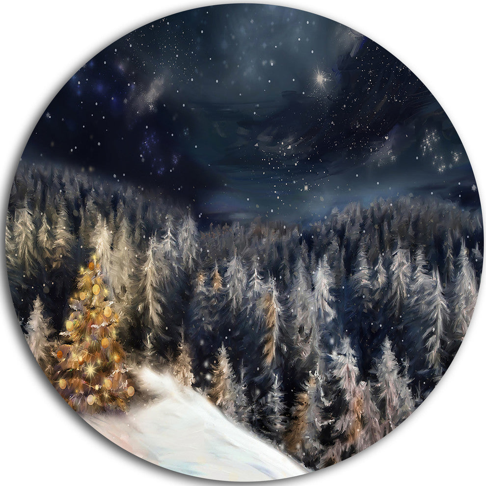 Night Forest Christmas Tree, Landscape Digital Round Wall Art, 11"
