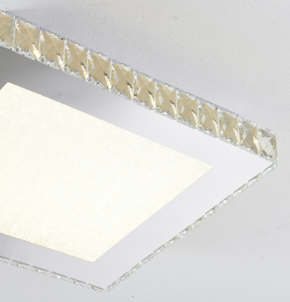Square Clear Crystal Flush Mount, Stainless Steel Frame, Beaded Crystal Cover